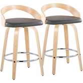 Grotto 26" Swivel Counter Stool in Natural Wood & Grey Leatherette with Chrome Footrest (Set of 2)